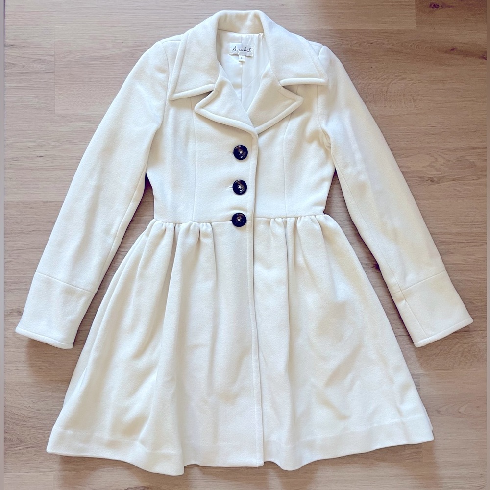 ANTHROPOLOGIE ANABEL SKIRTED IVORY PEA COAT, SIZE SMALL, NWOT